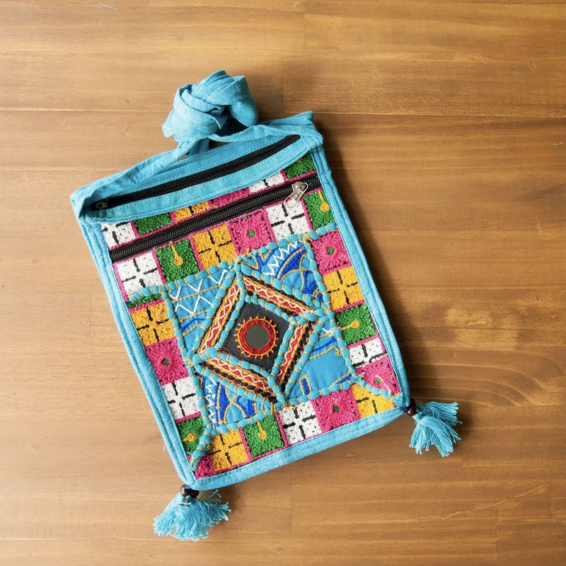 Rajasthan Handmade Mirror Embroidered Crossbody Bag on Blue