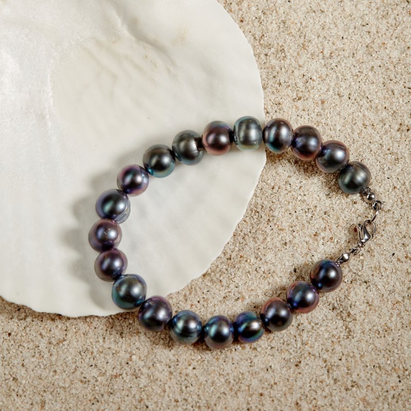 天然炫彩珍珠手鏈 9–10mm 銀色龍蝦扣 日系簡潔 生日禮物 - 手鍊/手環 - 珍珠 黑色