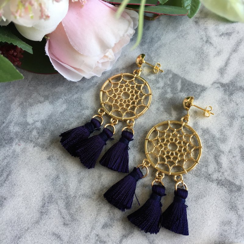 Gold-Tone Net Navy Blue Tassel Earrings