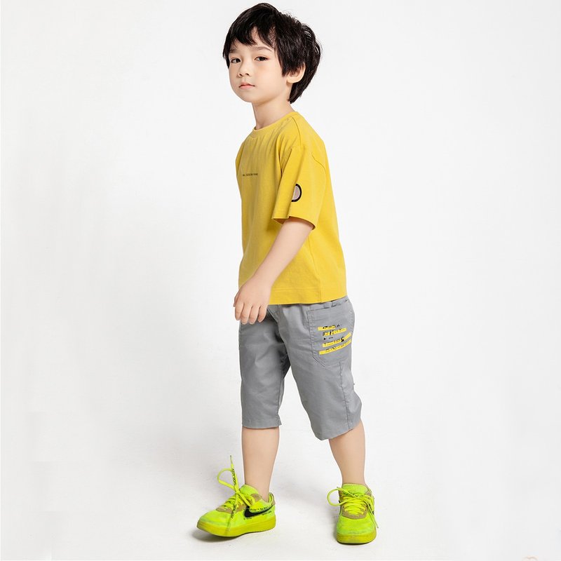 【出清優惠】印花七分褲 - 男/女童長褲/短褲 - 棉.麻 灰色