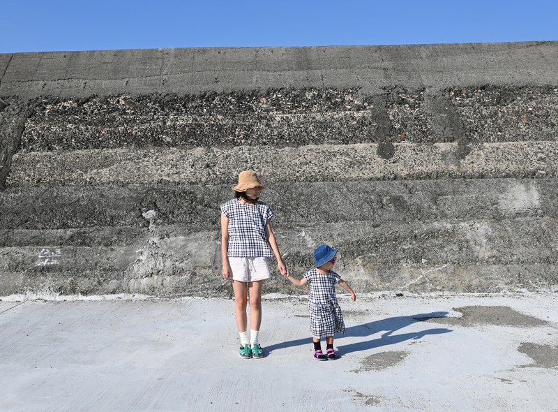 女童 寬鬆格子 棉洋裝-雙層棉紗 雙層棉紗格子棉料 - 女上衣/長袖上衣 - 棉.麻 藍色