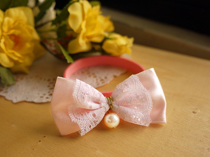 "Pink" small pearl lace ribbon bow ︱ safe hands to do cats and dogs pet collar / collar / hair accessories cherry pudding Cherry Pudding ♥ ♥