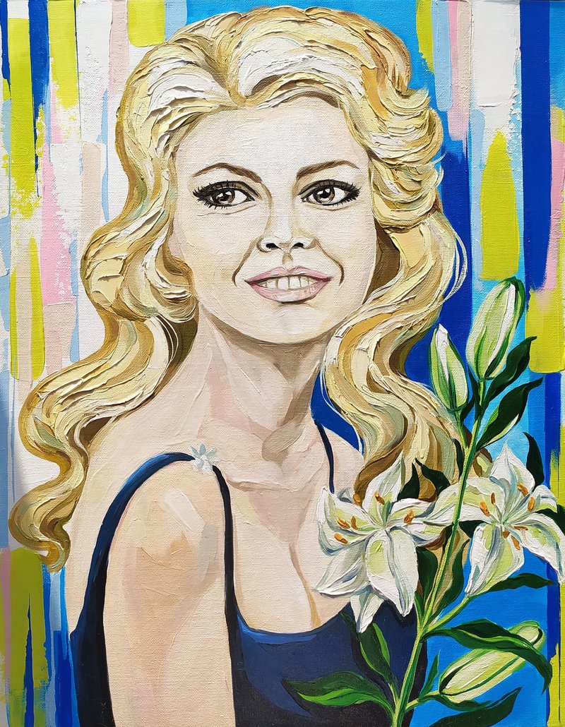 Portrait of Brigitte Bardot. Spring in Paris oil painting - 壁貼/牆壁裝飾 - 其他材質 藍色