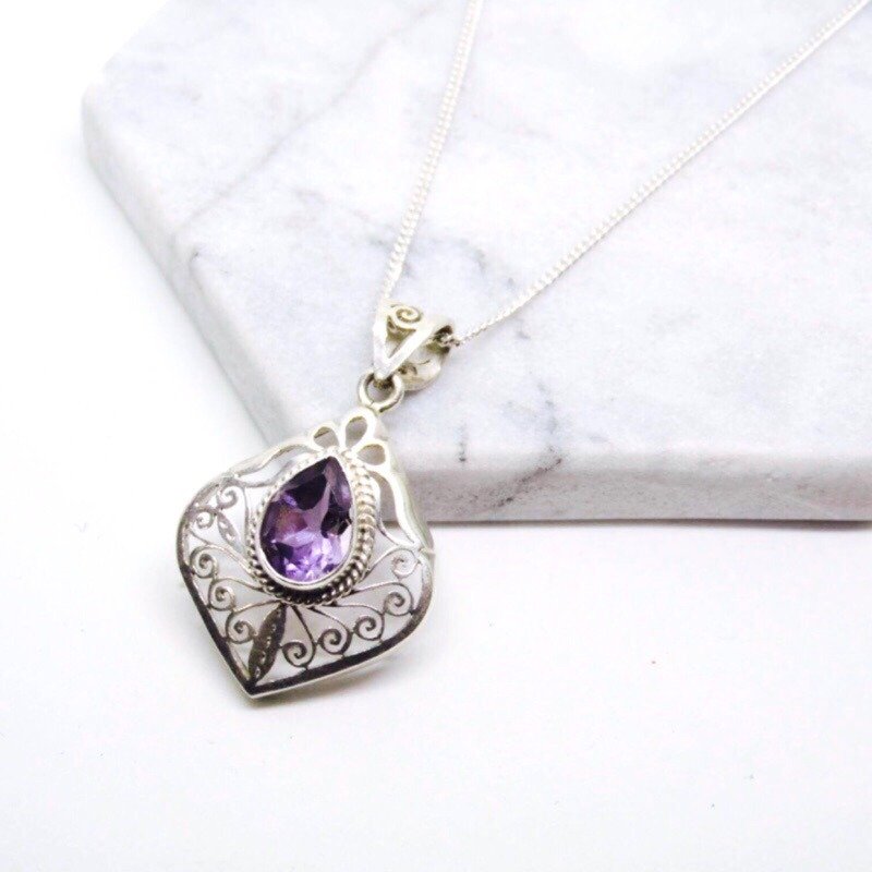 Nepal handmade classical carved amethyst 925 sterling silver necklace Valentine's Day gift