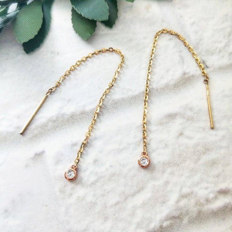 Eli Jewelry義大利14K金單鑽鋯石垂墜14K金耳環耳鍊 附金飾保證卡 - 耳環/耳夾/耳骨夾 - 貴金屬 金色