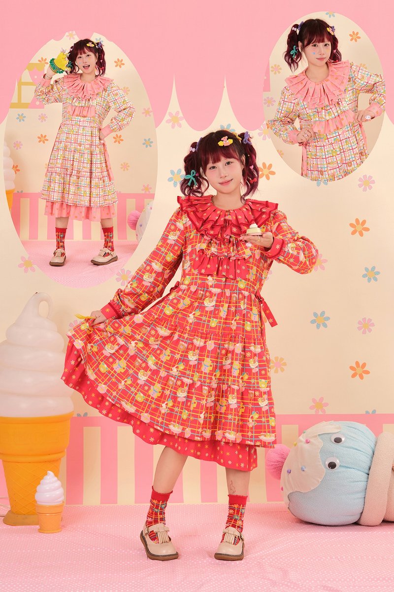 昭和甜品屋雙色長袖連衣裙 領子可拆卸 日系可愛 - 洋裝/連身裙 - 棉.麻 多色