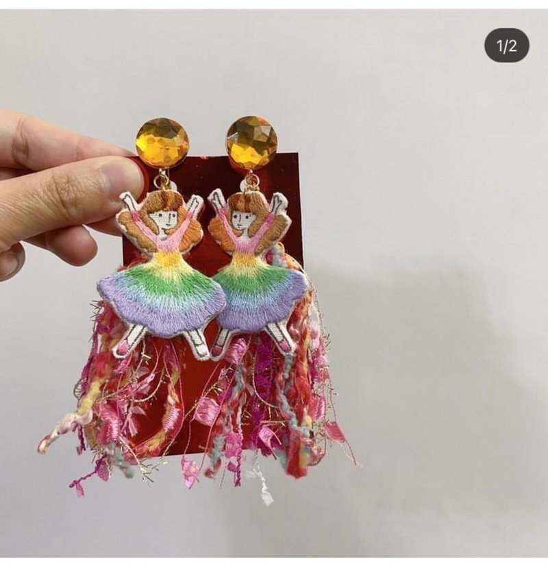 Seven-color rainbow skirt hand-embroidered hand-painted earth style dance little people earrings