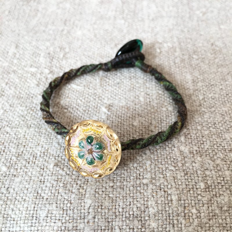 綠花金繪玻璃鈕扣麻編手環 Czech glass button bracelet