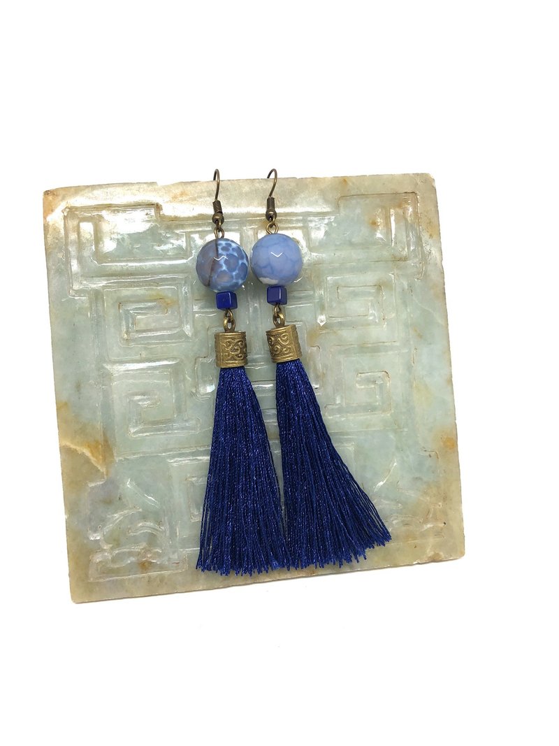 Blue Vintage Earrings Dragon Stone Jade Tassel Earrings