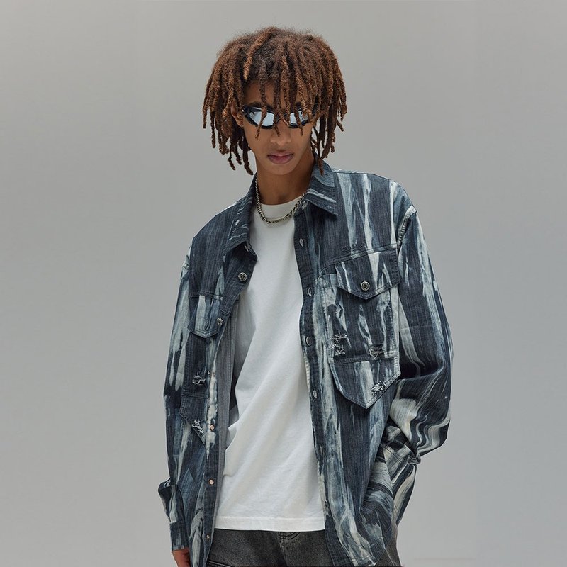 男士龜裂長袖襯衫   潑墨破洞襯衣外套 - 男襯衫/休閒襯衫 - 棉.麻 黑色