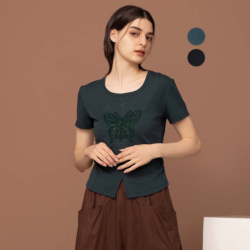 【MEDUSA】刺繡蝴蝶 顯瘦開衩下擺休閒T恤 - 2色(M-XL) | 女T恤 - 女 T 恤 - 棉.麻 綠色