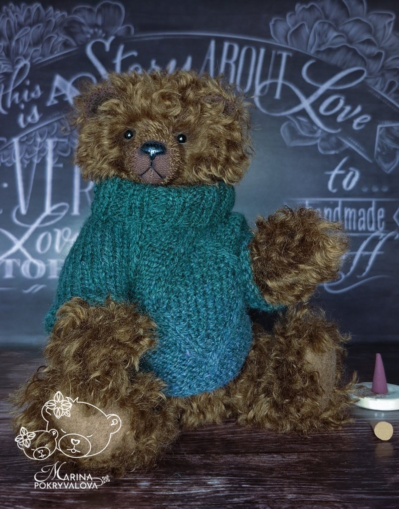 Mohair teddy bear Artist bear toy Brown bear in sweater - 公仔/玩偶 - 其他材質 咖啡色