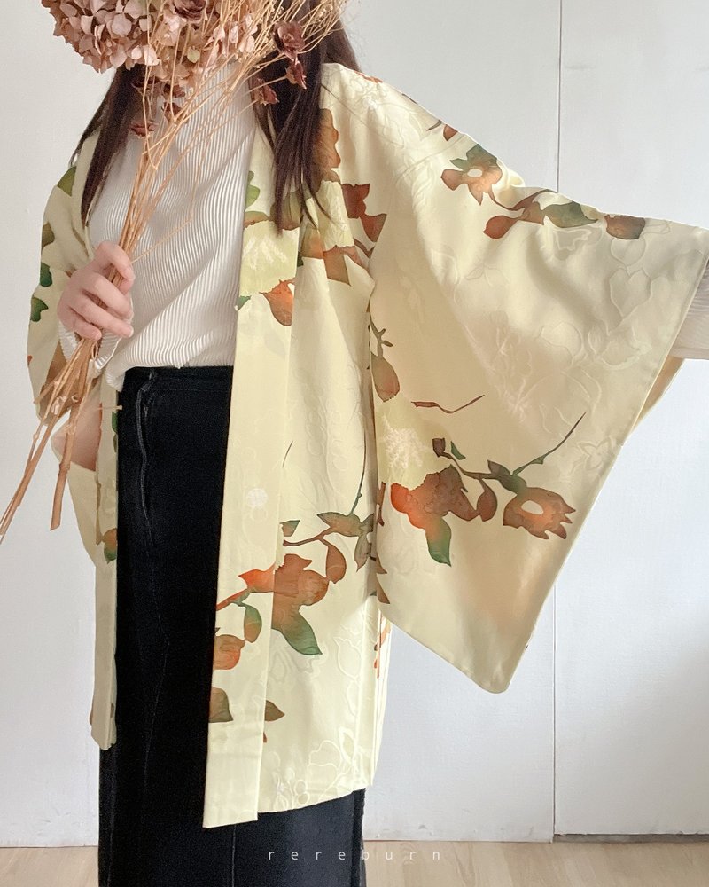 日本製和風印花黃綠色漸層古著羽織和服外套 - 女大衣/外套 - 聚酯纖維 黃色