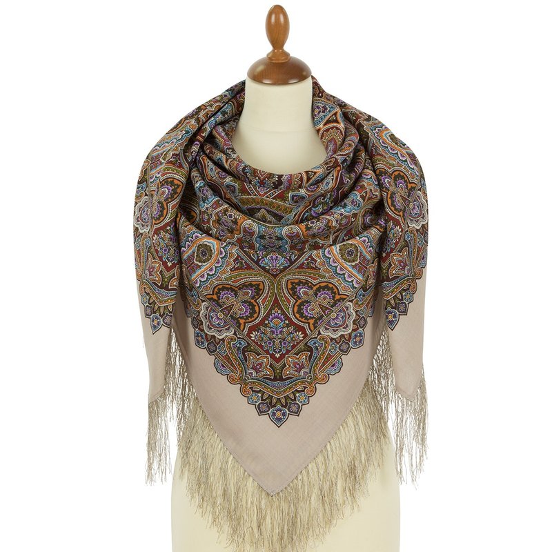 Pavlovo Posad Russian Shawl 100% Wool Scarf 125x125 cm Wrap Silk Fringe 1903-2 - 絲巾 - 羊毛 卡其色