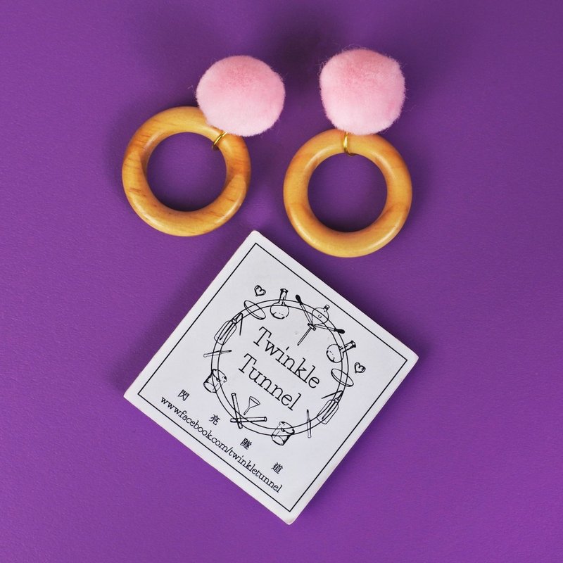 Pink hair ball wood circle earrings