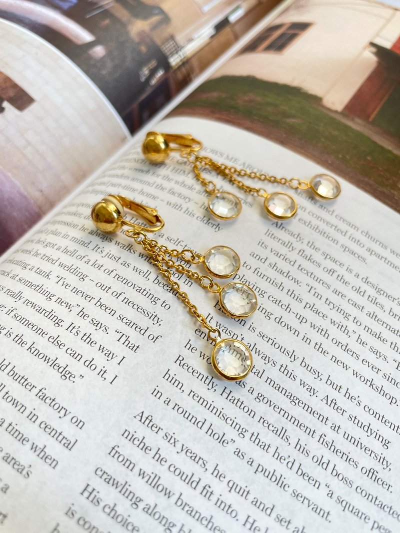 老又好古董珠寶 Vintage 金色垂墜水滴流蘇夾式耳環 c254 - 耳環/耳夾/耳骨夾 - 其他金屬 金色