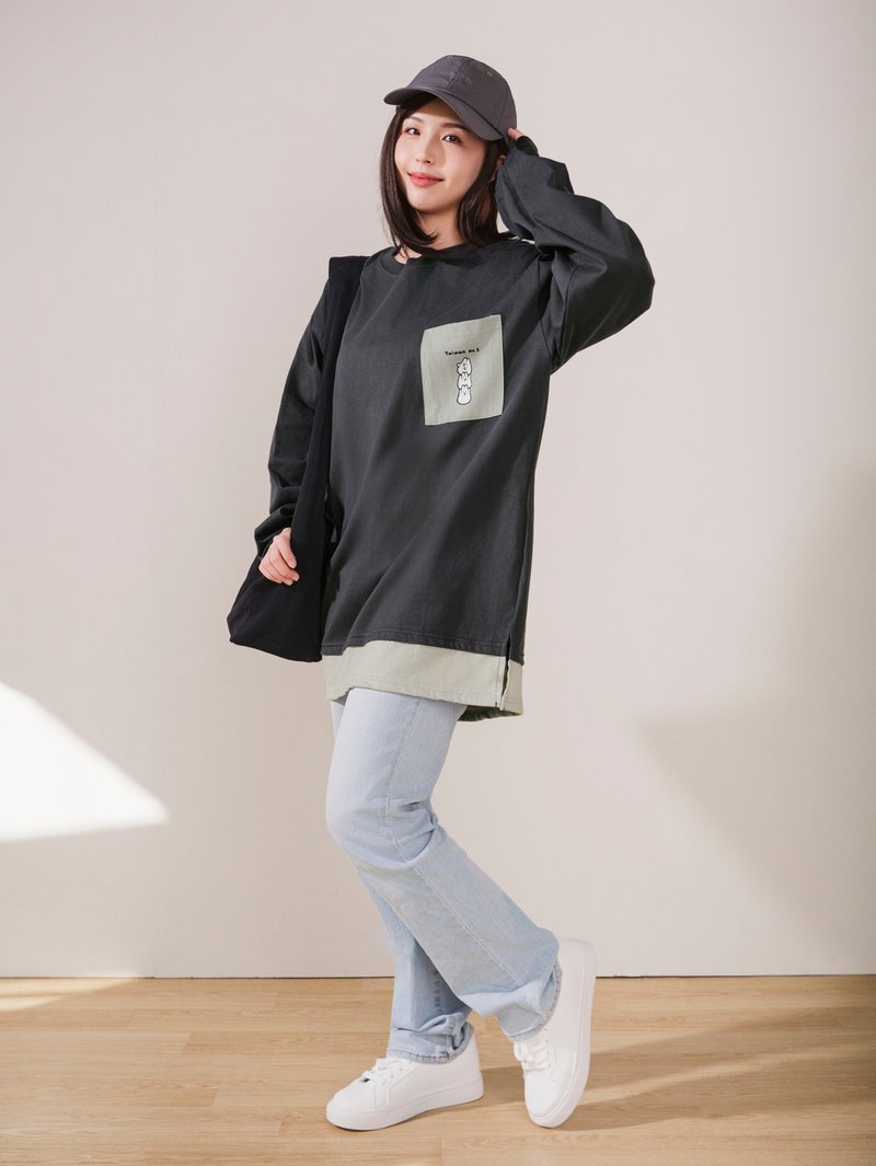 層次感oversized 中性口袋衣-麻糬兔101 - 女上衣/長袖上衣 - 棉.麻 灰色