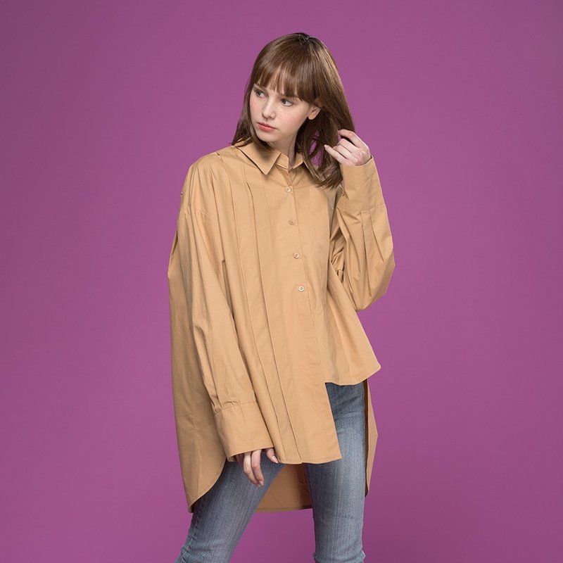 Unbalanced Pintuck Shirt (Dark Beige)