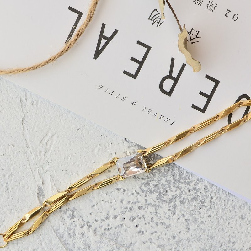 Retro handmade zircon brass bracelet rectangular double chain