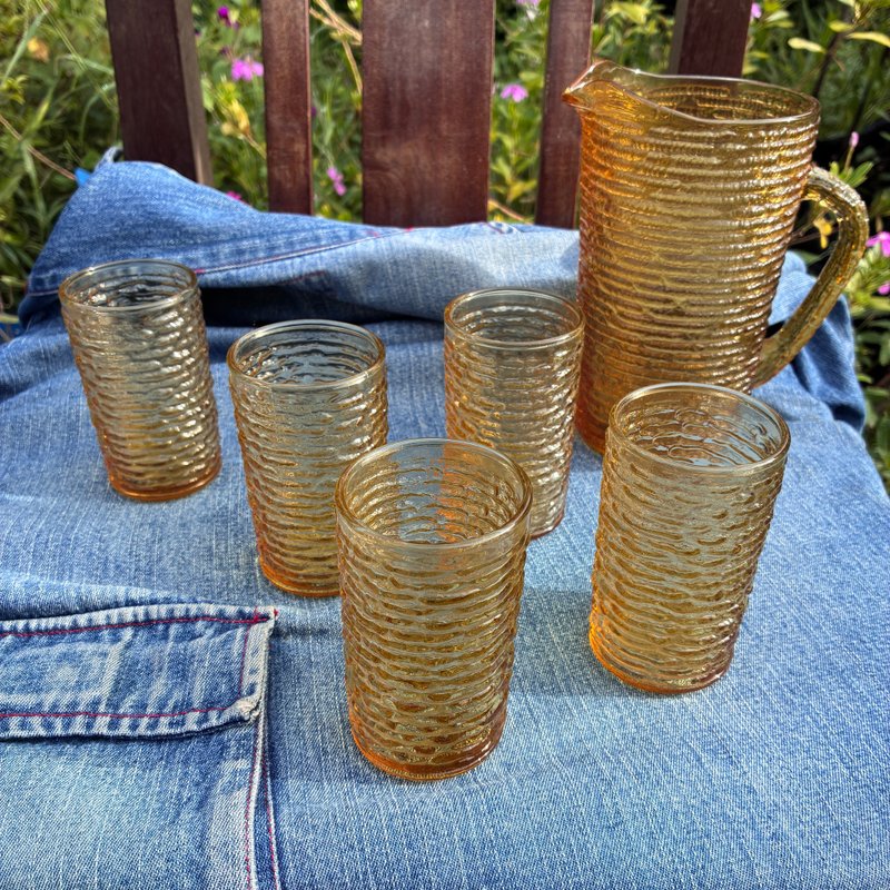 1950年代 法国蓝色压制玻璃冰淇淋杯 - 玻璃杯 - 玻璃 黃色
