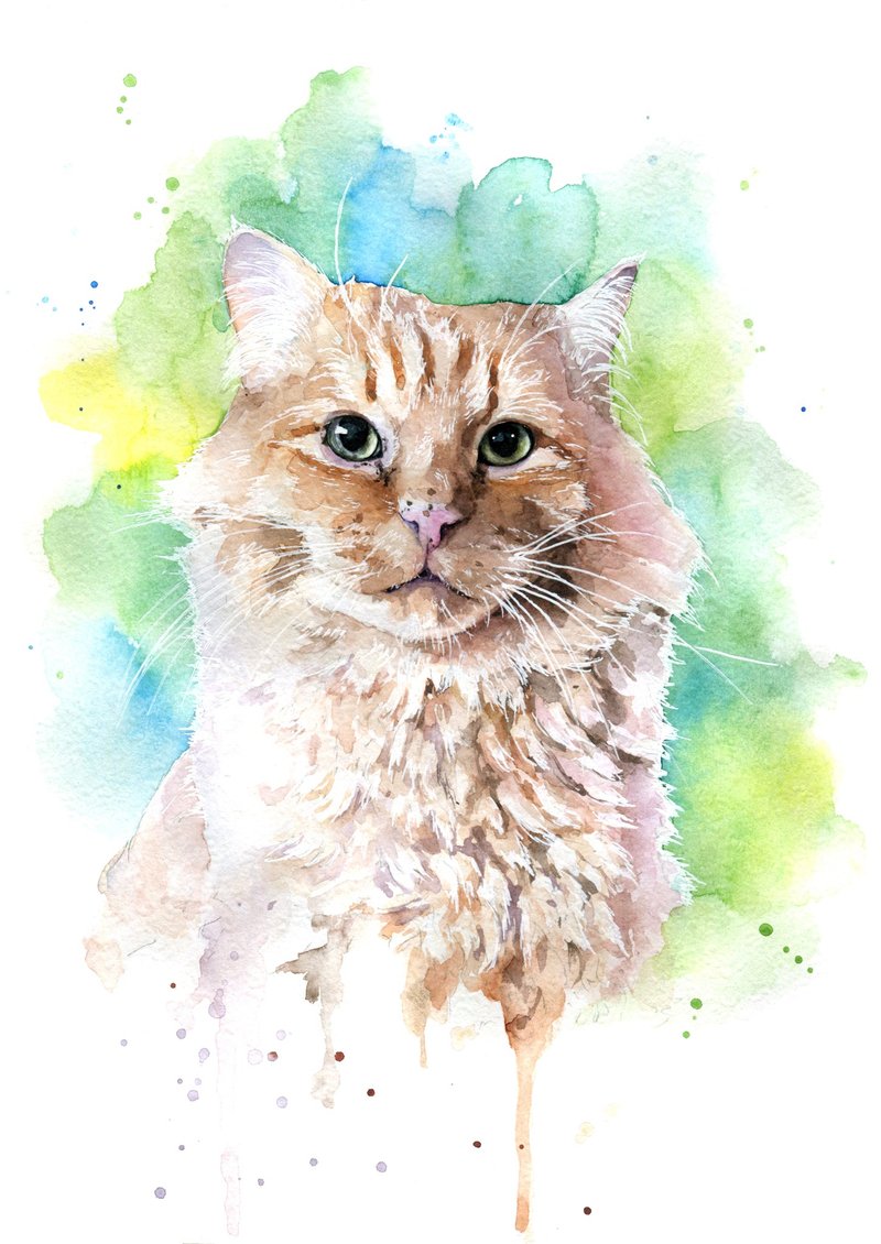 Custom Watercolor Cat Portrait - 似顏繪/客製畫 - 紙 綠色