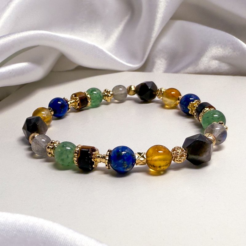 風與大地 銀曜石 綠草莓晶 黃水晶 青金石 黃虎眼 天然水晶手鏈 - 手鍊/手環 - 水晶