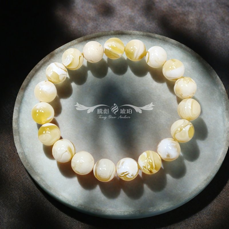 騰彪琥珀 瓷白蜜蠟手鍊 原礦琥珀 稀有白蜜蠟 收藏級精品 附保卡 - 手鍊/手環 - 半寶石 白色