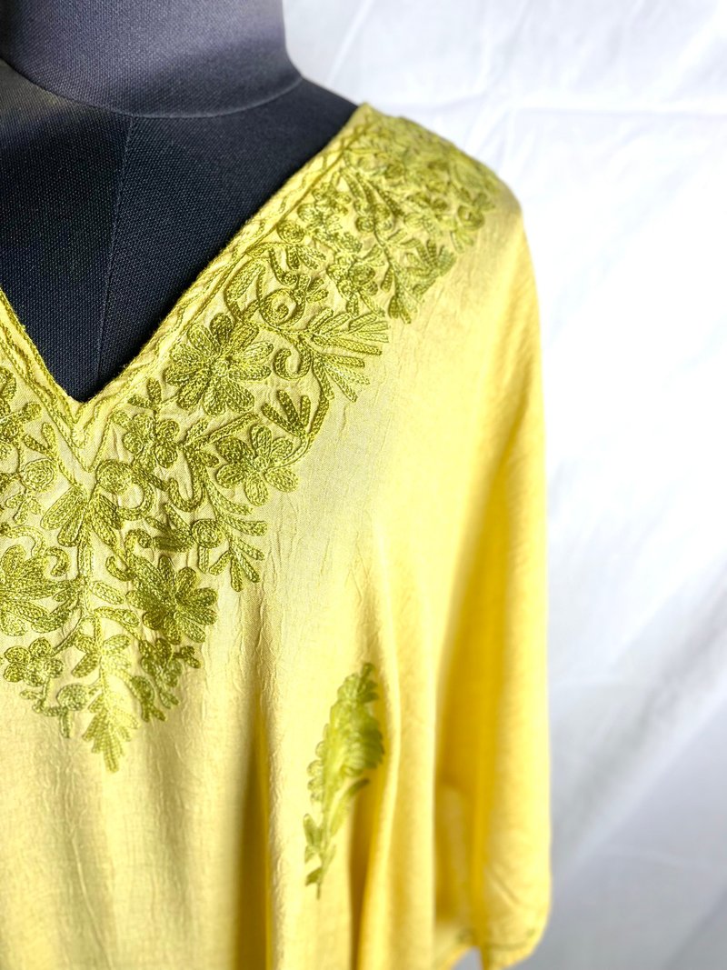 印度喀什米爾 手工刺繡 Kaftan 卡弗坦 蝴蝶洋裝 - 金黃 - 洋裝/連身裙 - 棉.麻 黃色