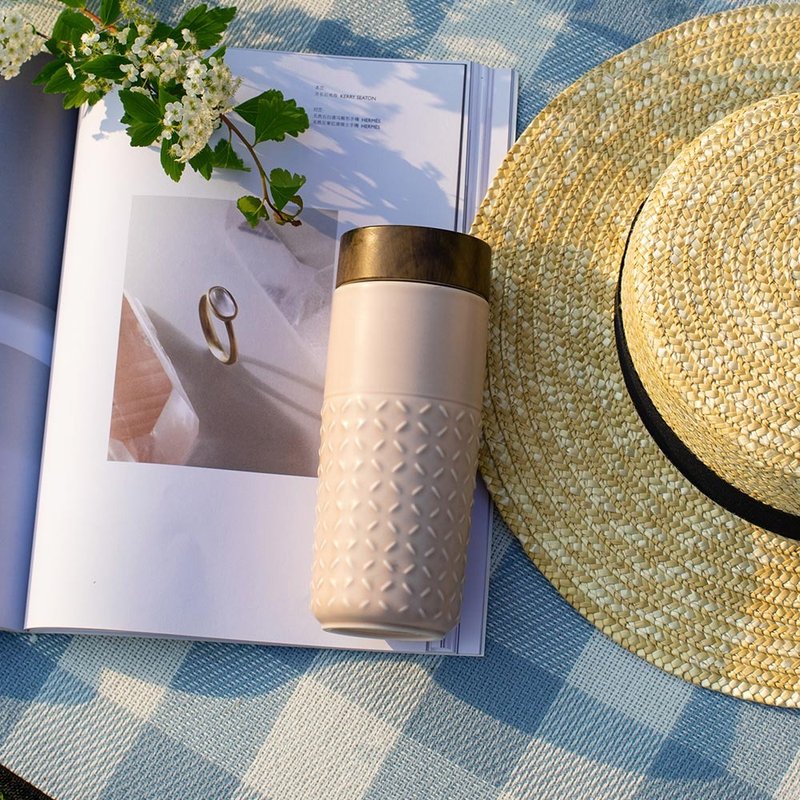 ONE O ONE portable cup _ fantasy starry sky / large / double layer / rose powder / imitation wood grain cover