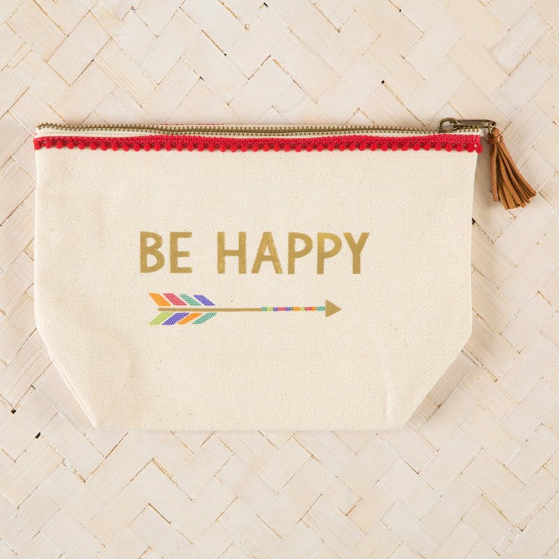 Canvas tassel zipper cosmetic bag-Be Happy∣BAG220