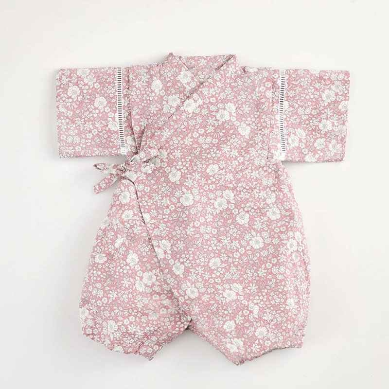 日本製 甚兵衛羽織/甚平 粉福花 - 包屁衣/連身衣 - 棉.麻 粉紅色