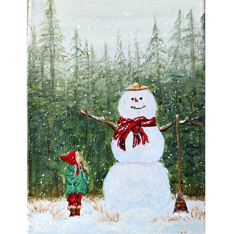 兒童與雪人冬季畫布聖誕藝術畫 作者 RinaArtSK - 壁貼/牆壁裝飾 - 其他材質 多色