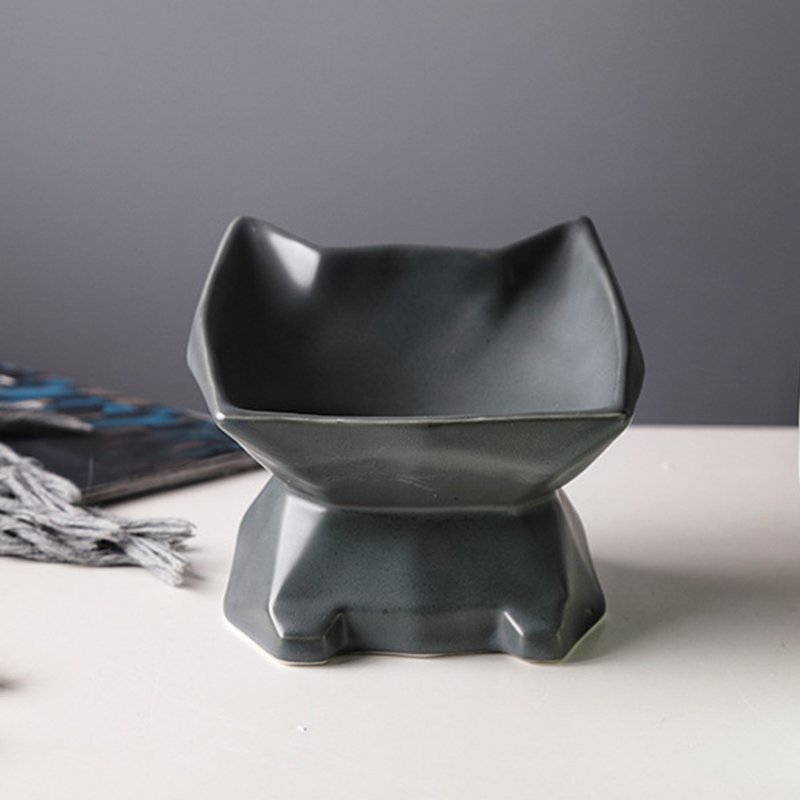 Cat Slanted High Feet Pet Bowl-Grey Black - Pet Bowls - Porcelain Black