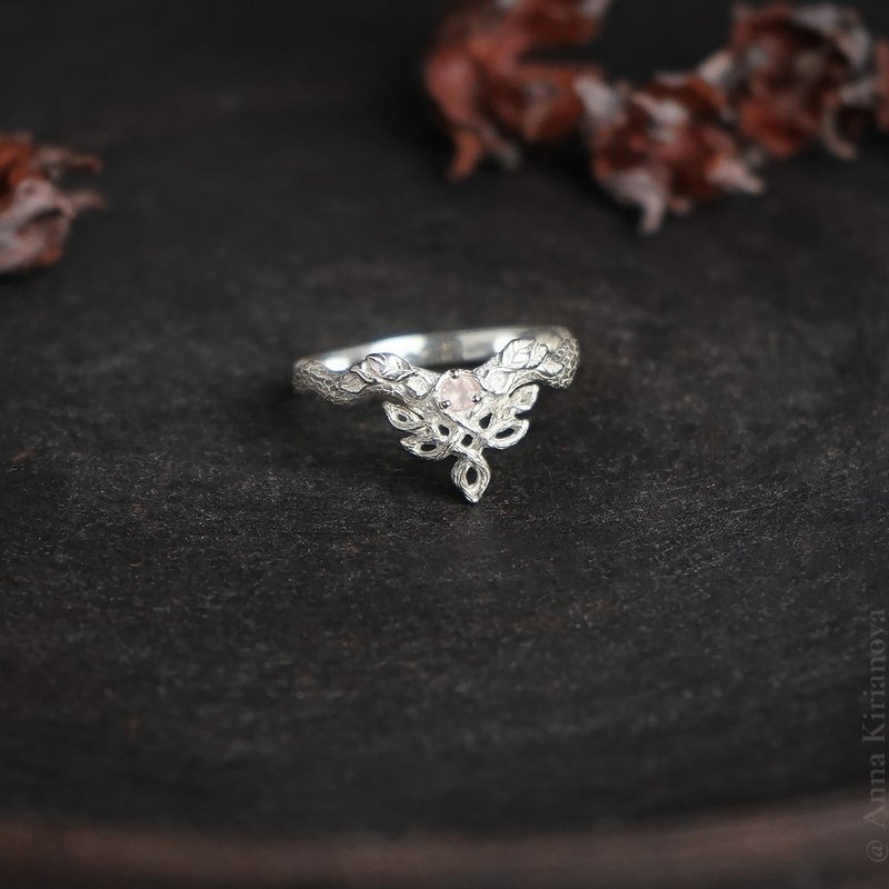 White Leaf and Vine Ring with Rose Quartz - 戒指 - 純銀 銀色