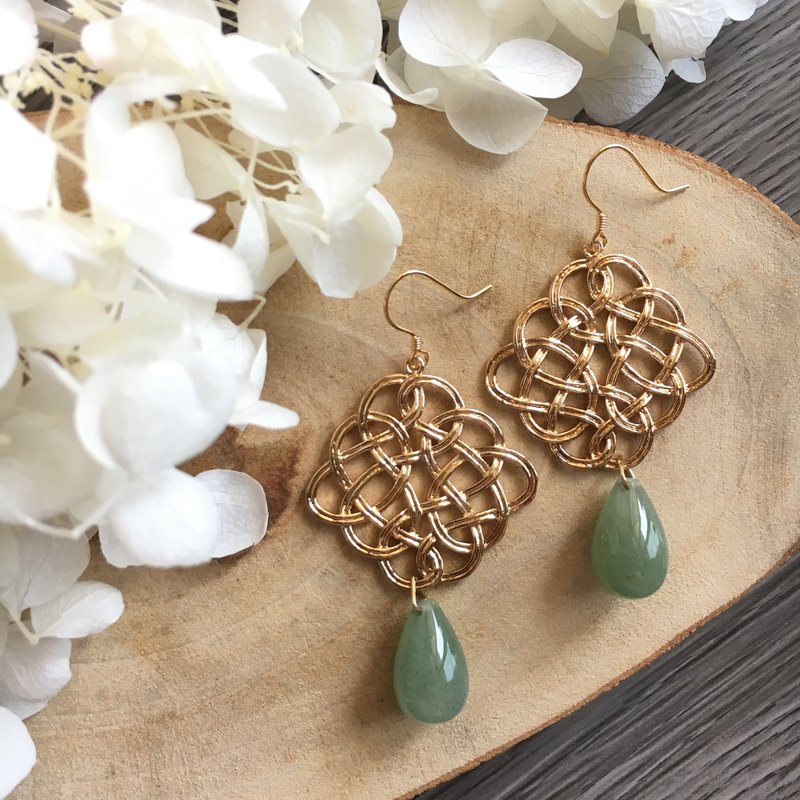 Gold-Tone Endless Knot Earrings with Jade drop