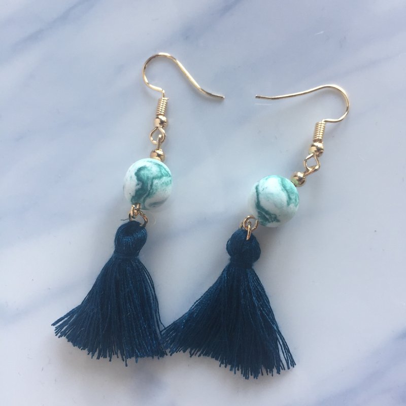 Dark green beads light clay ink earrings