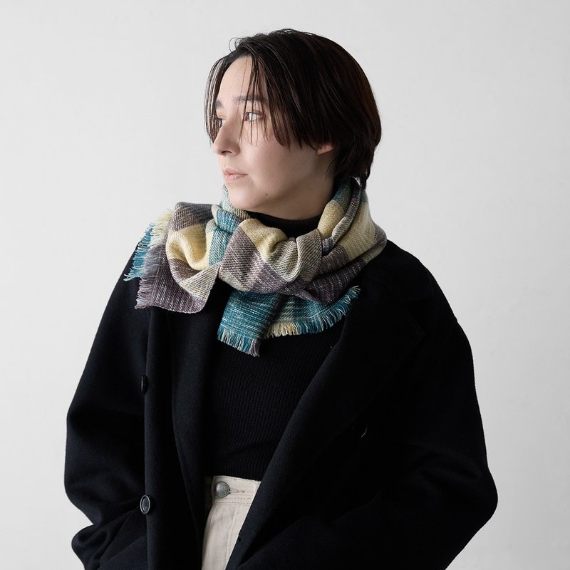 絣染棋盤格羊毛圍巾-綠 - 圍巾/披肩 - 羊毛 綠色