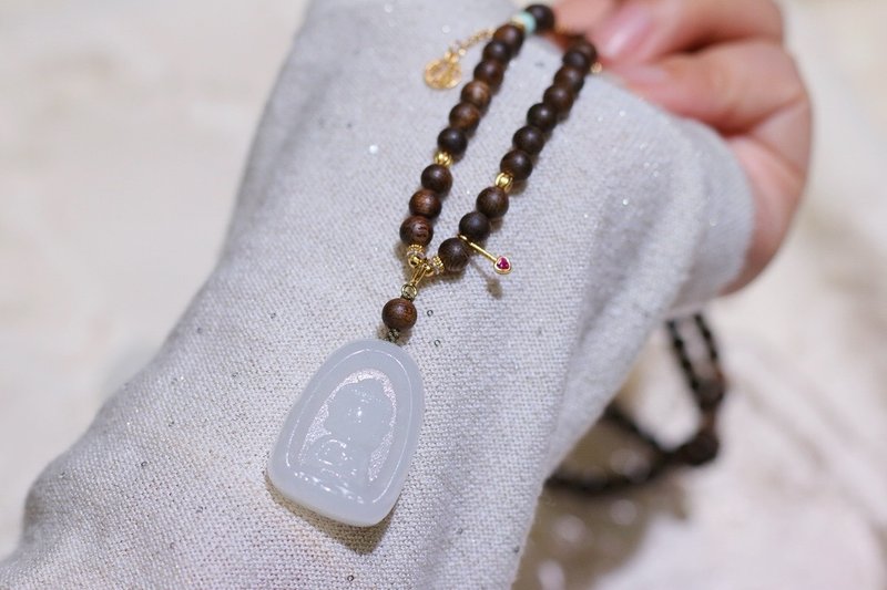 原創天然和田玉無相佛項鏈毛衣鏈搭配綠松石和田玉竹子沉香項鏈 - 項鍊 - 玉石