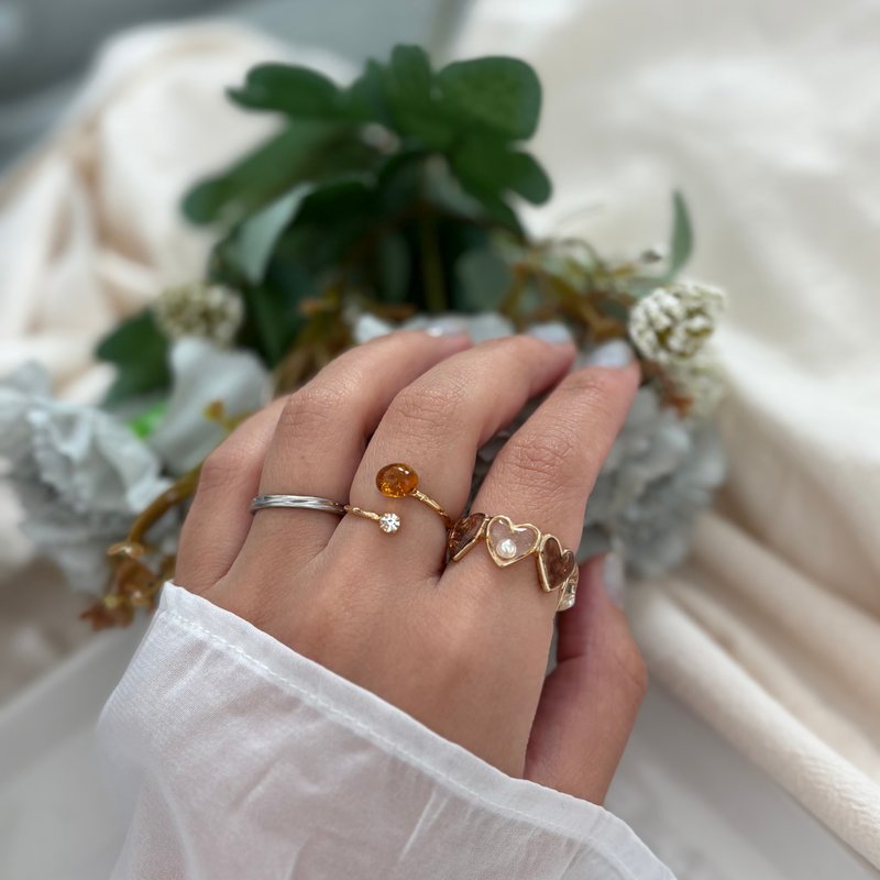 セットリング ハートのレトロリング &シーグラスフォークリング イヤーカフ 2way - 戒指 - 樹脂 咖啡色