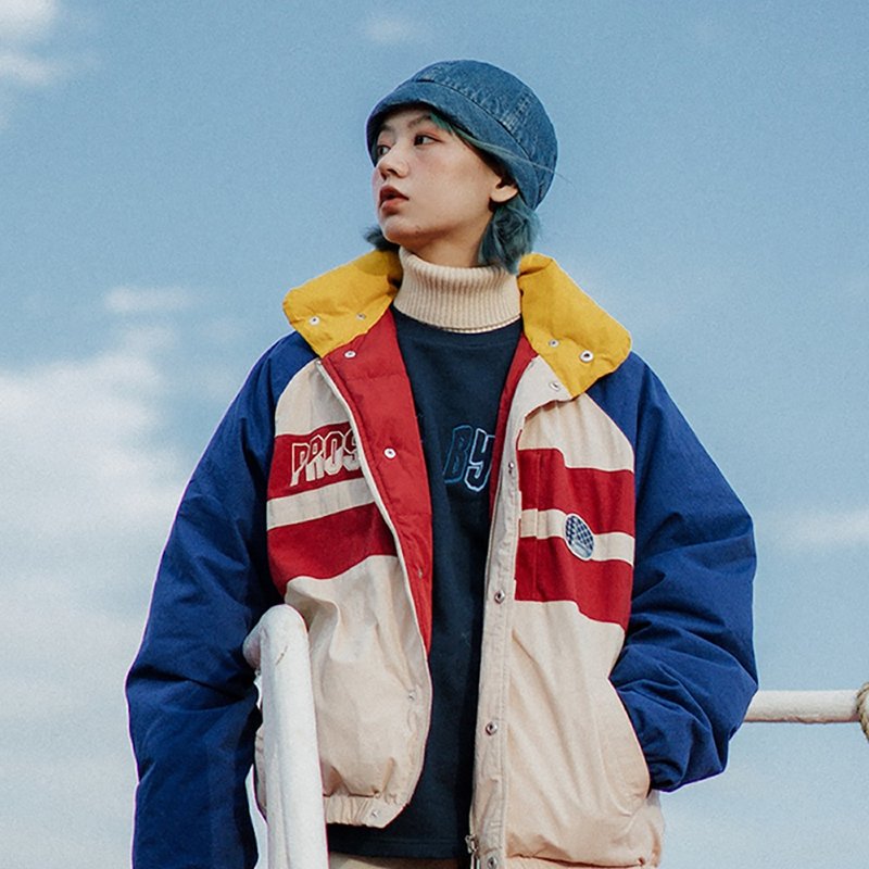 Winter retro hit color down jacket men and women couple oversize short thick down jacket