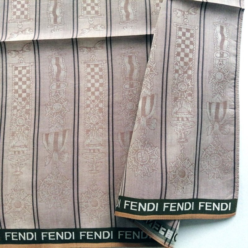 Vintage Fendi Jacquard Fabric Medal & Ribbon Motif 18 x 18 inches, vintage scarf - 絲巾 - 棉.麻 粉紅色