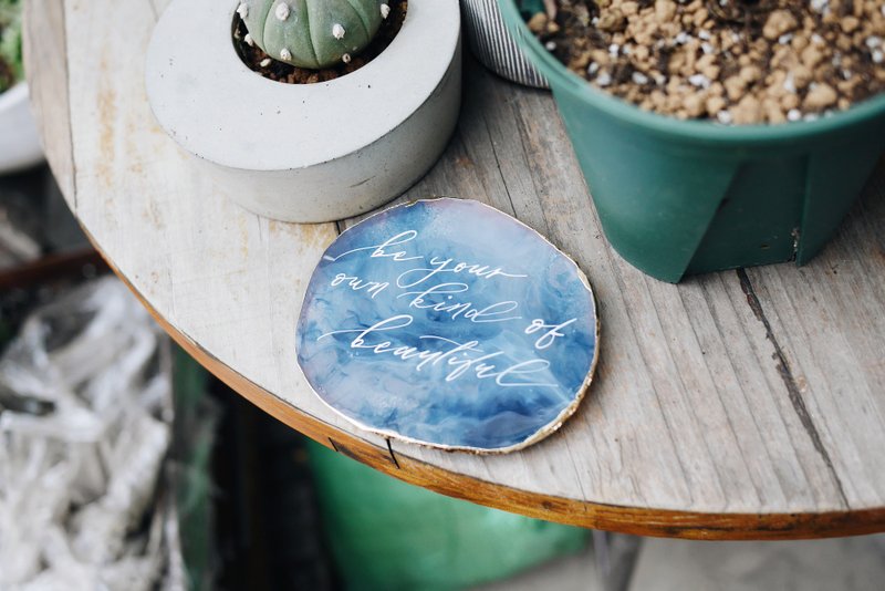 Voices of the River Handwritten modern calligraphy on Resin Stones (Navy Blue)