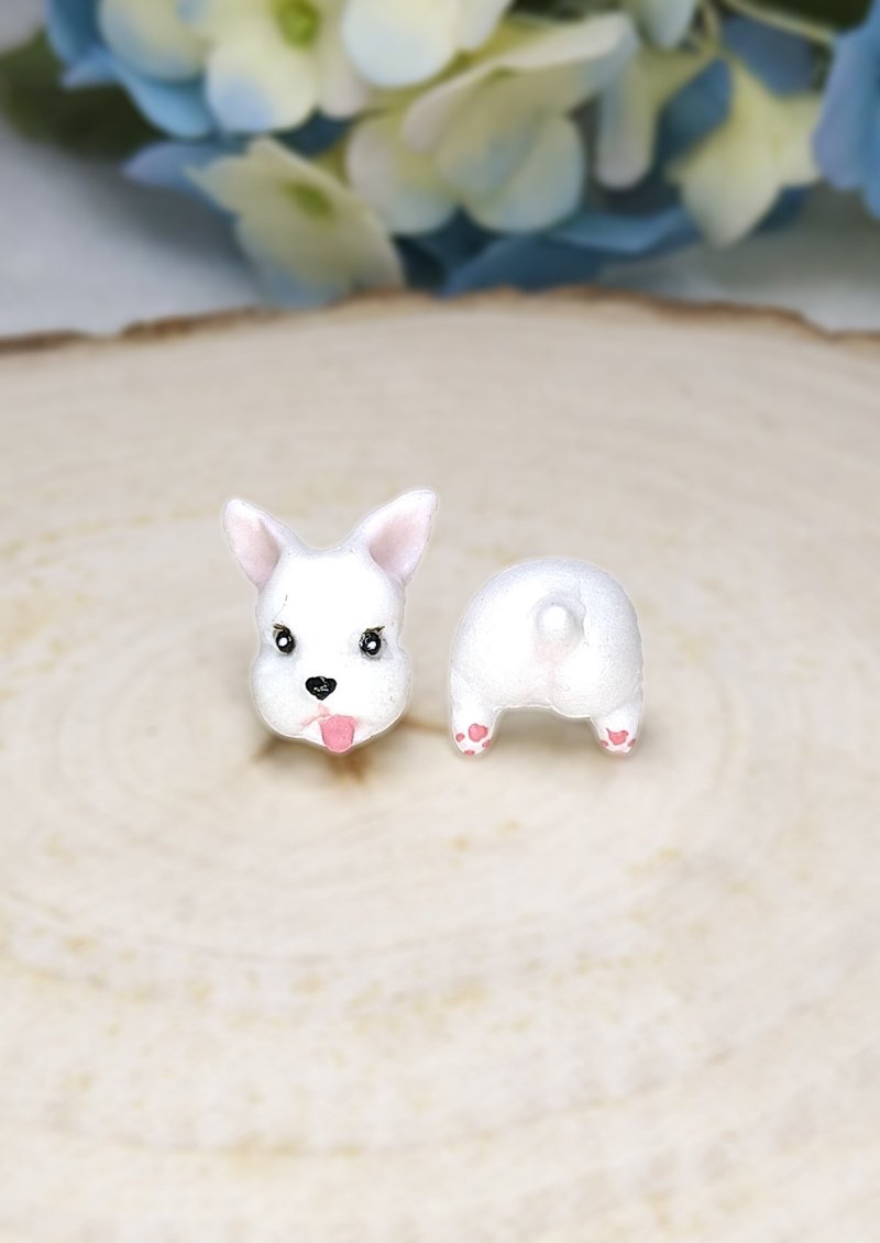 可愛 豎耳 白色雪納瑞犬 史納莎犬耳環 耳釘/耳夾 - 耳環/耳夾/耳骨夾 - 黏土 灰色