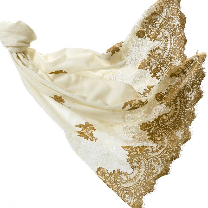 Angel Woolen 印度Pashmina手工羊絨蕾絲披肩-Jennifer華麗的享艷