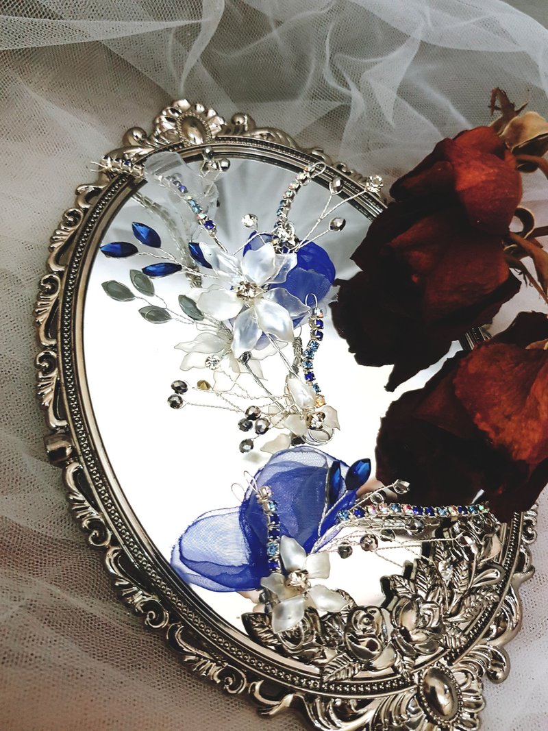 Blue yarn flower crystal flower line bridal tiara ornament