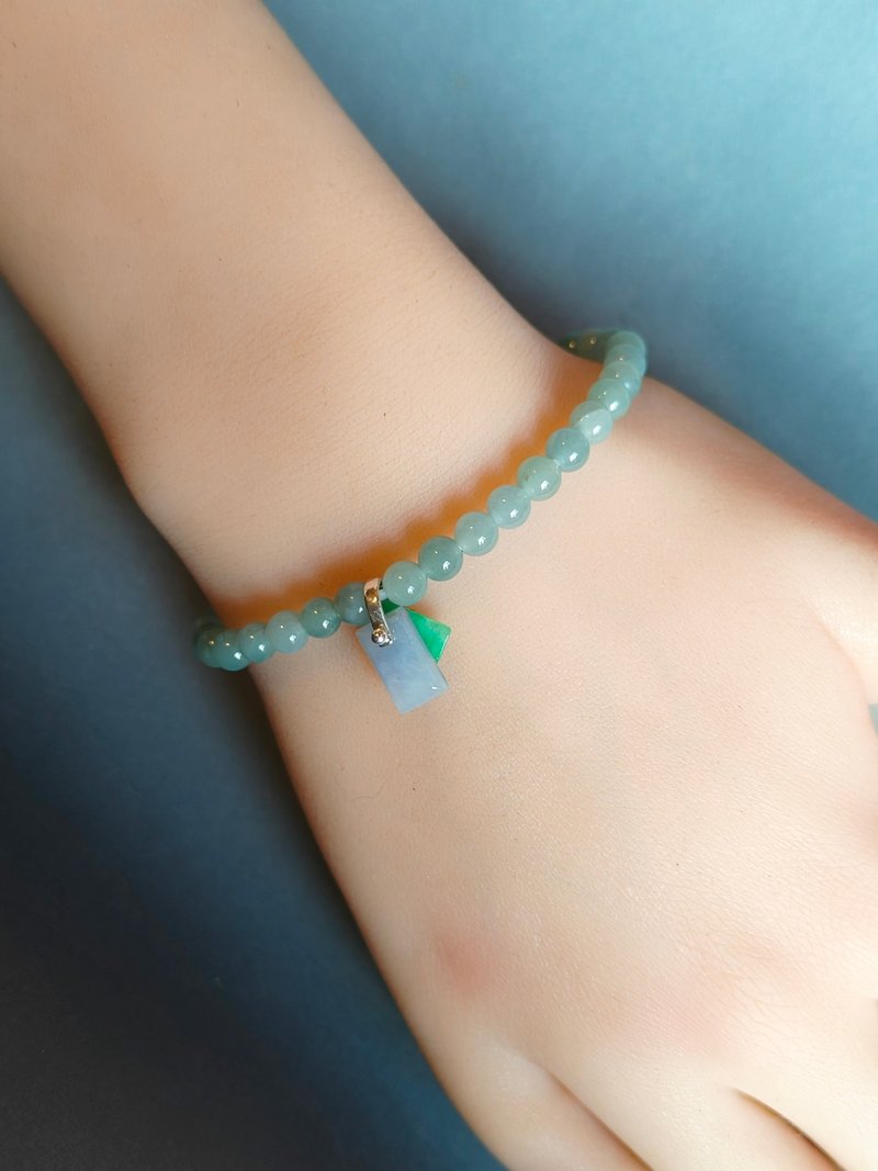 緬甸天然冰膠藍水翡翠珠手串 l 紫翡綠翡無事牌吊飾 - 手鍊/手環 - 玉石 藍色