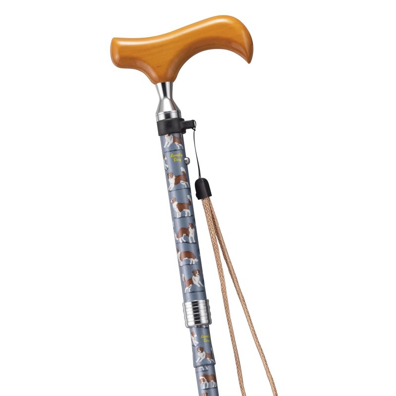 ラブリードッグ 犬柄 折りたたみアルミステッキ・グレー 75-85cm スリムネック 木製グリップ ストラップ 折りたたみホルダー - 其他 - 鋁合金 灰色