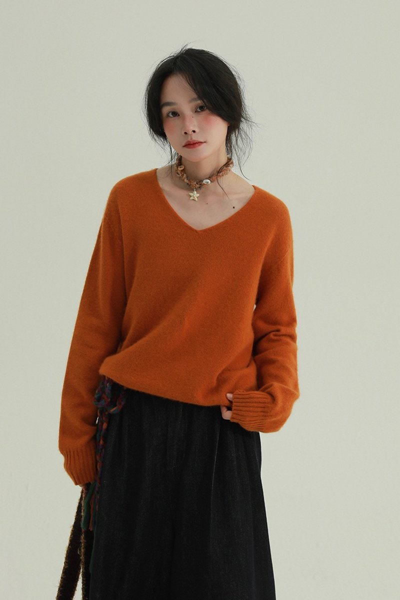 4顔色 暖陽棉絮 V領寬鬆毛衣 日系基礎款糖果色秋冬針織上衣 - 女毛衣/針織衫 - 羊毛 橘色