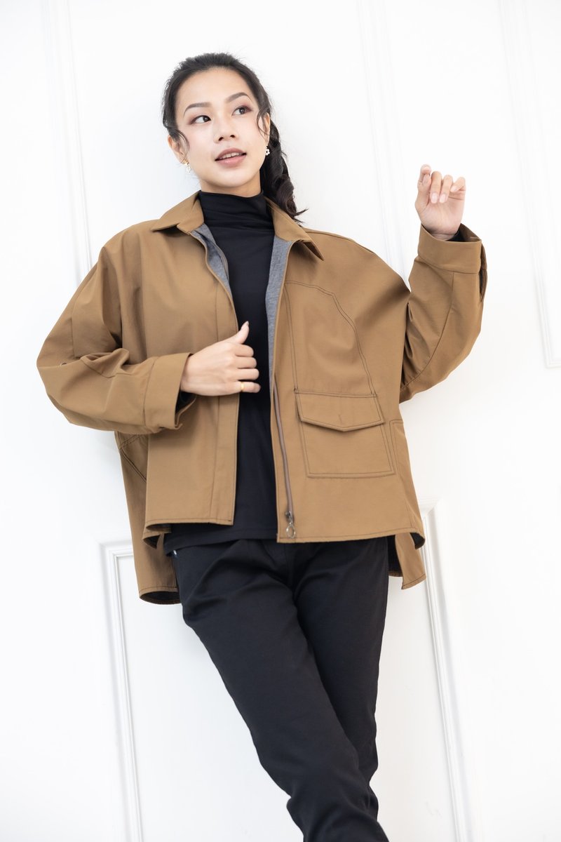 襯衫領不規則剪裁外套 咖啡色 - 女大衣/外套 - 其他材質 咖啡色