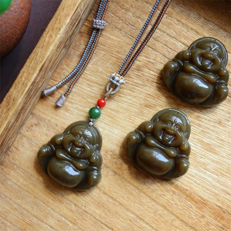 吉祥平安/健康/招財-天然和田玉彌勒佛項鏈吊墜掛件玉石 - 項鍊 - 玉石 咖啡色